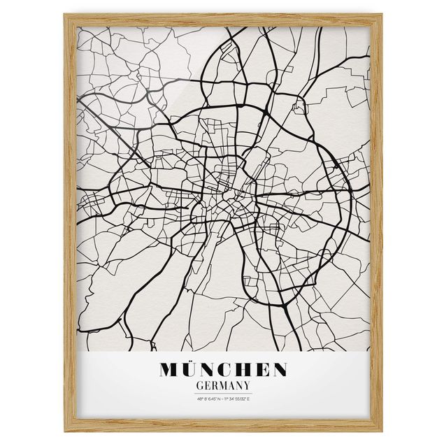 Quadros com moldura mapa-múndi Munich City Map - Classic