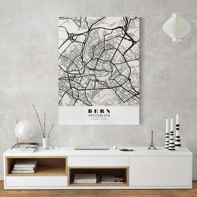 Telas decorativas em preto e branco Bern City Map - Classical