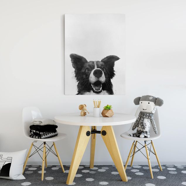 Telas decorativas cães Illustration Dog Border Collie Black And White Painting