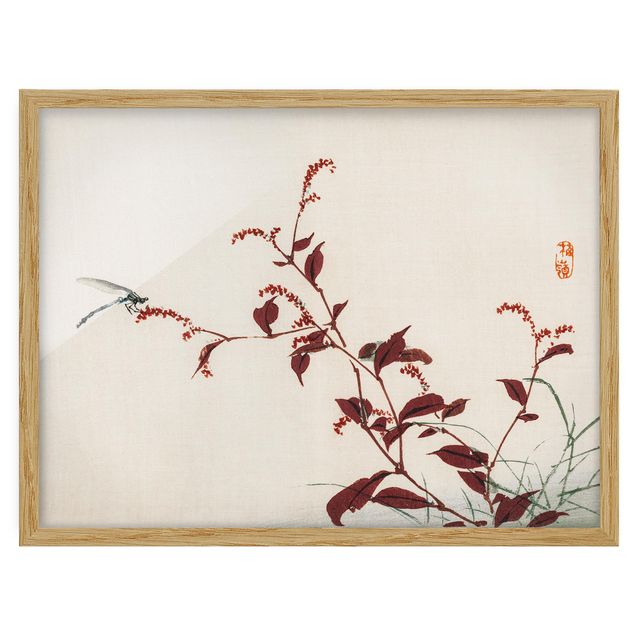 quadro com flores Asian Vintage Drawing Red Branch With Dragonfly