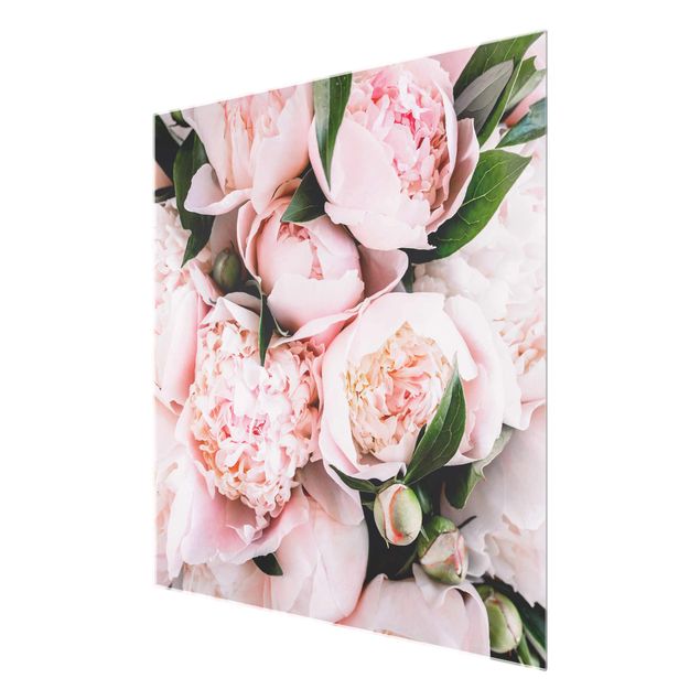 quadros flores Pink Peonies With Leaves