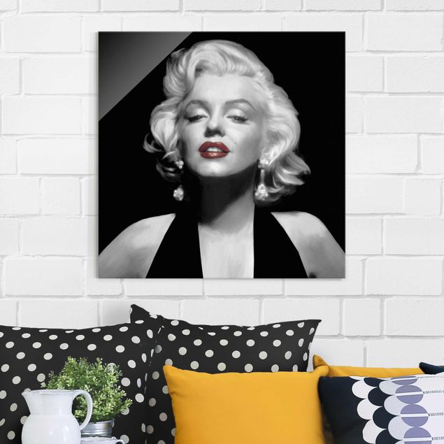 Quadros em vidro em preto e branco Marilyn With Red Lips