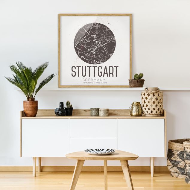 Quadros com moldura frases Stuttgart City Map - Retro