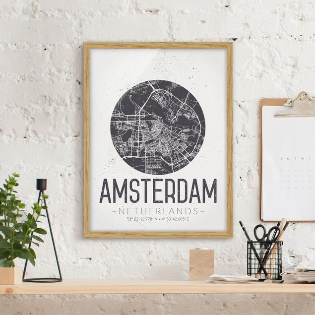 Quadros com moldura em preto e branco Amsterdam City Map - Retro