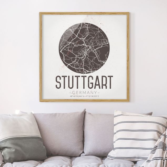 Quadros com moldura em preto e branco Stuttgart City Map - Retro
