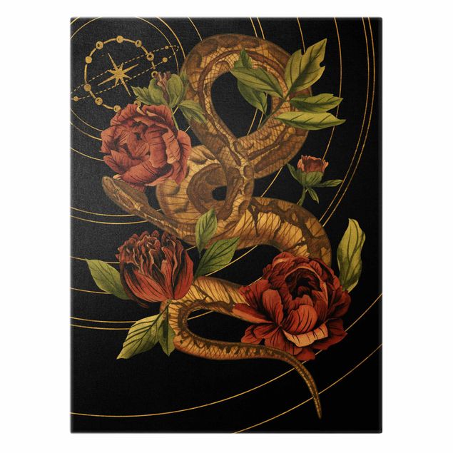 telas decorativas para paredes Snake With Roses Black And Gold IV