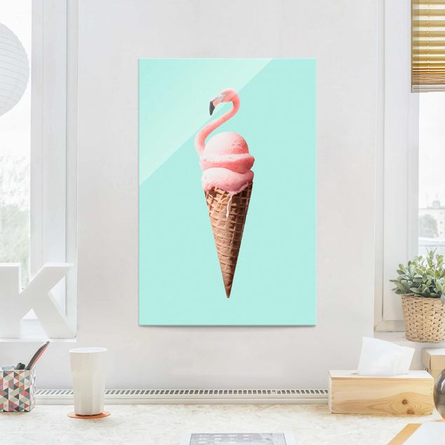 quadro de vidro Ice Cream Cone With Flamingo