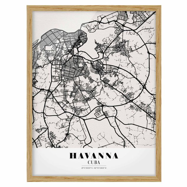 Quadros com moldura mapa-múndi Havana City Map - Classic