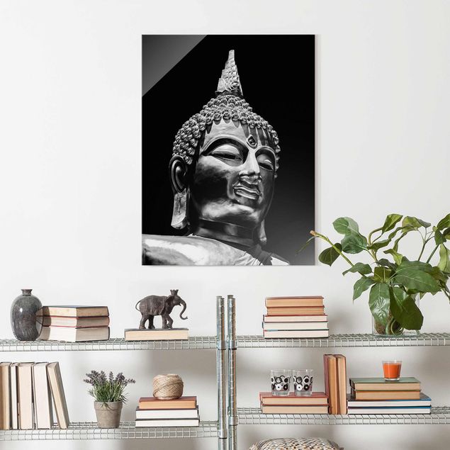 Quadros em vidro em preto e branco Buddha Statue Face