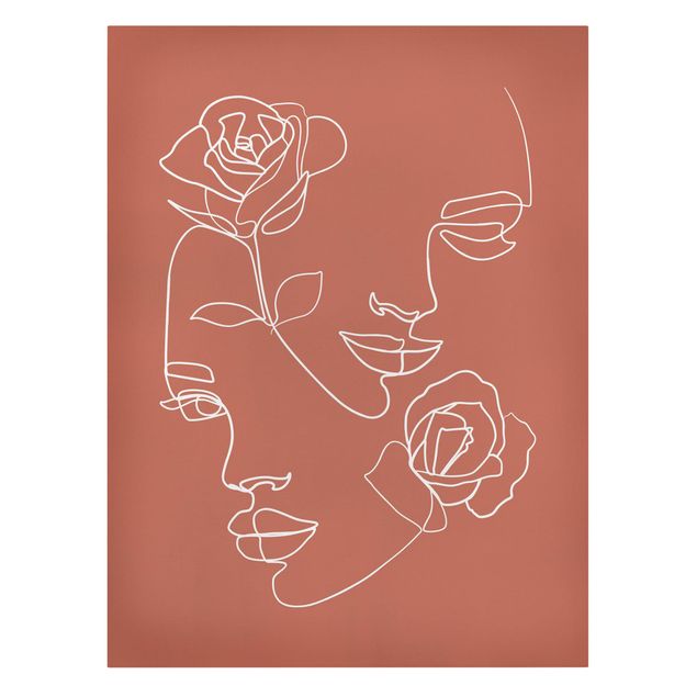 Telas decorativas flores Line Art Faces Women Roses Copper