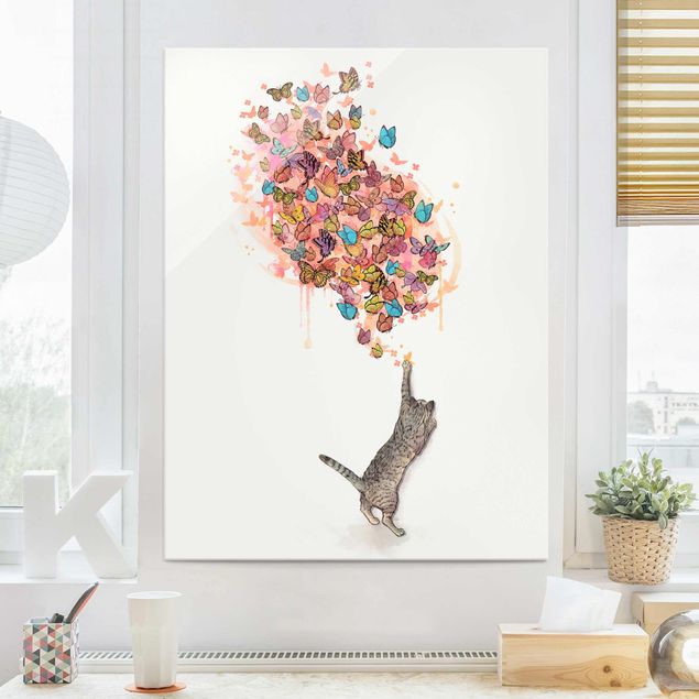 Quadros de Laura Graves Art Illustration Cat With Colourful Butterflies Painting