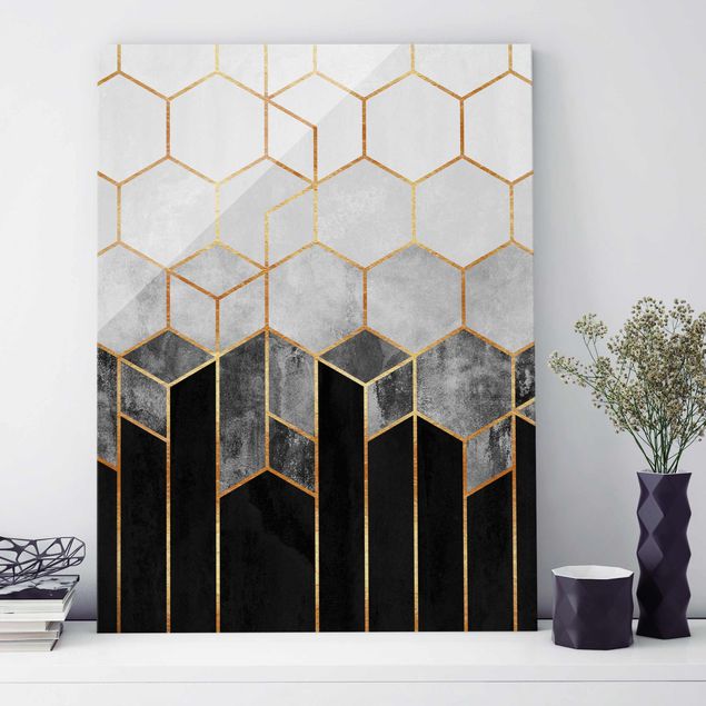 Quadros em vidro Golden Hexagons Black And White