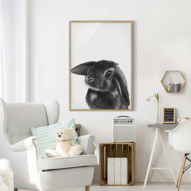 Quadros com moldura animais Illustration Rabbit Black And White Drawing