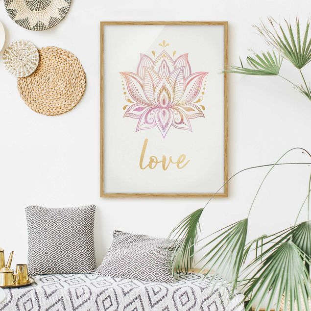 Quadros com moldura frases Lotus Illustration Love Gold Light Pink