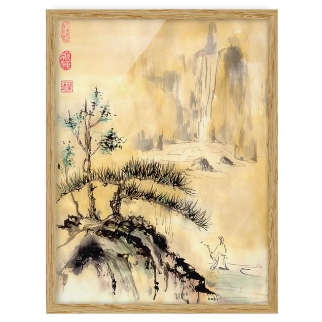 quadros de paisagens Japanese Watercolour Drawing Cedars And Mountains
