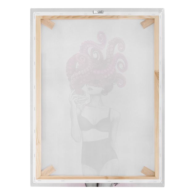 Telas decorativas em preto e branco Illustration Woman In Underwear Black And White Octopus