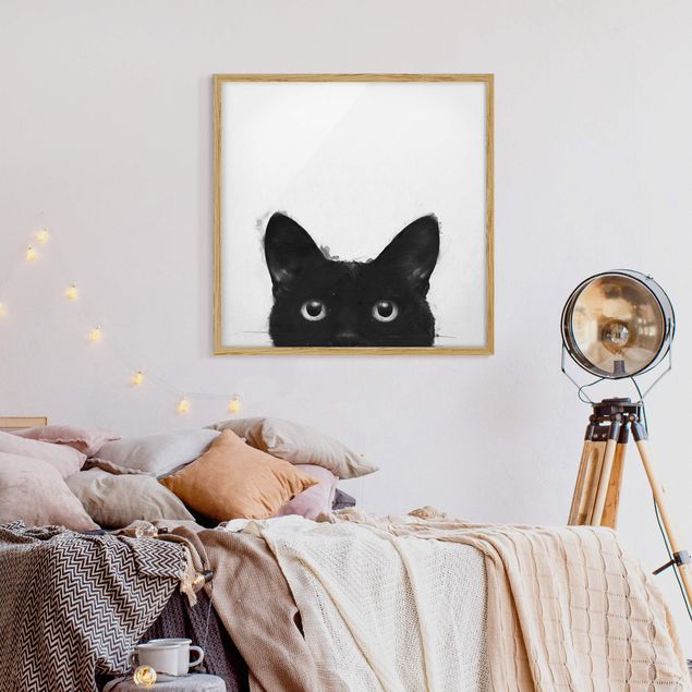 Quadros com moldura em preto e branco Illustration Black Cat On White Painting