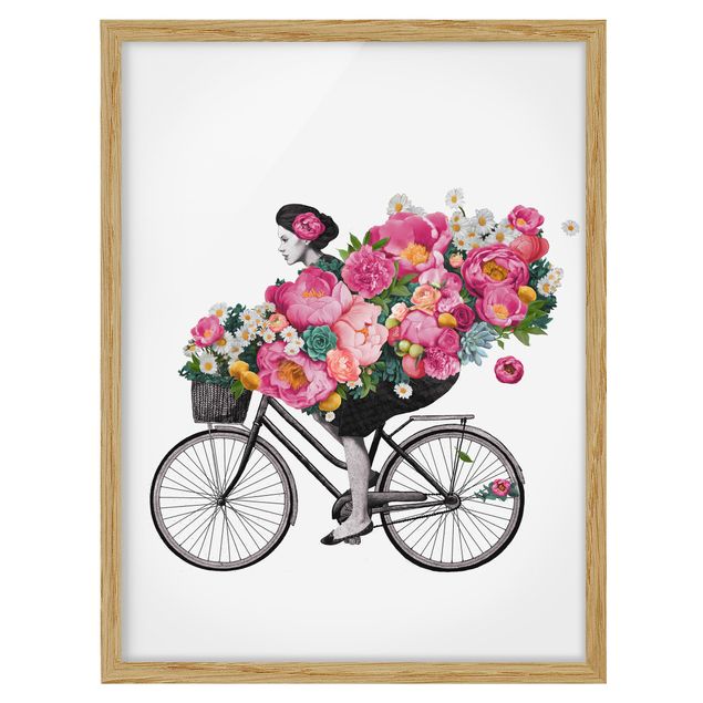 quadro com flores Illustration Woman On Bicycle Collage Colourful Flowers