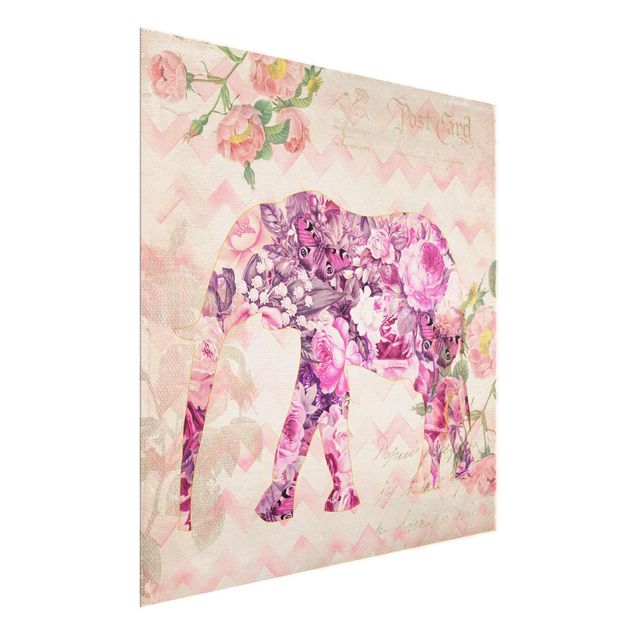 Quadros borboletas Vintage Collage - Pink Flowers Elephant