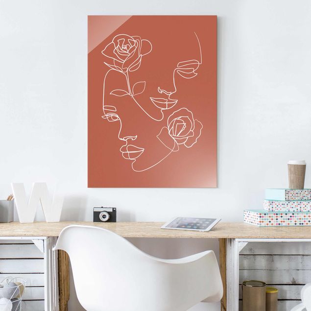 Quadros em vidro de rosas Line Art Faces Women Roses Copper