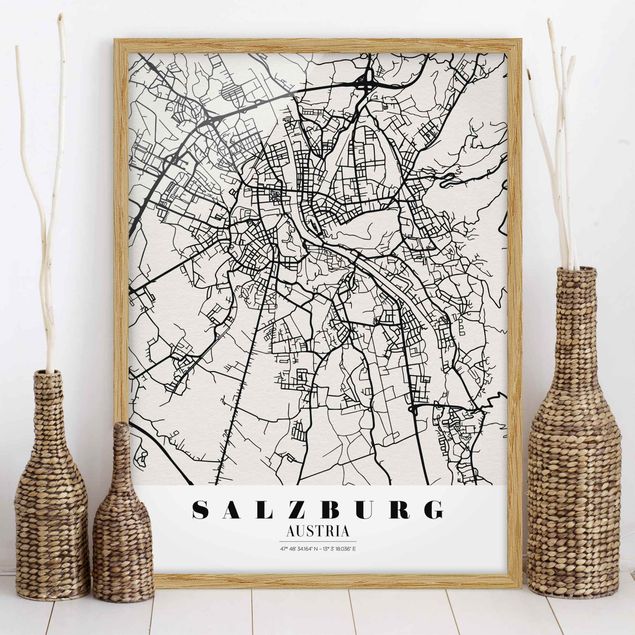 Quadros com moldura em preto e branco Salzburg City Map - Classic