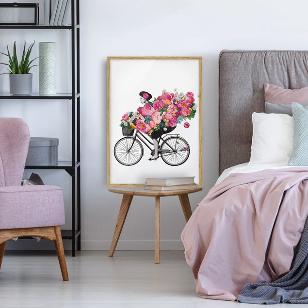Quadros florais Illustration Woman On Bicycle Collage Colourful Flowers