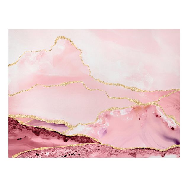Telas decorativas réplicas de quadros famosos Abstract Mountains Pink With Golden Lines