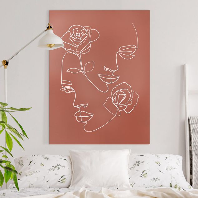 Quadros vermelhos Line Art Faces Women Roses Copper