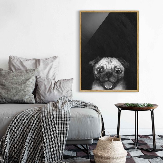 Quadros cães Illustration Dog Pug Painting On Black And White