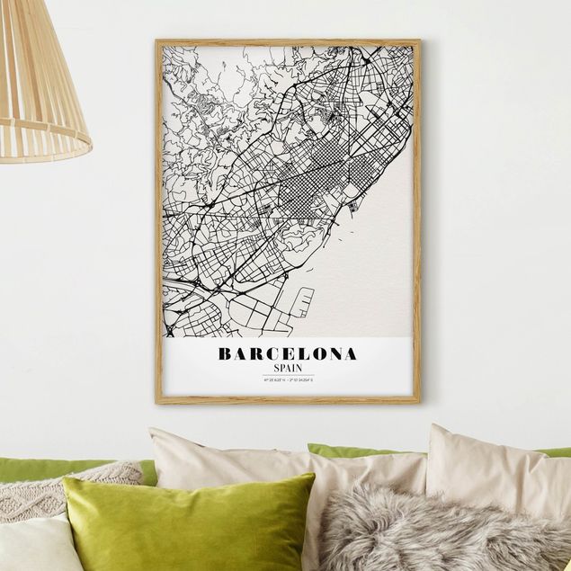 Quadros com moldura em preto e branco Barcelona City Map - Classic