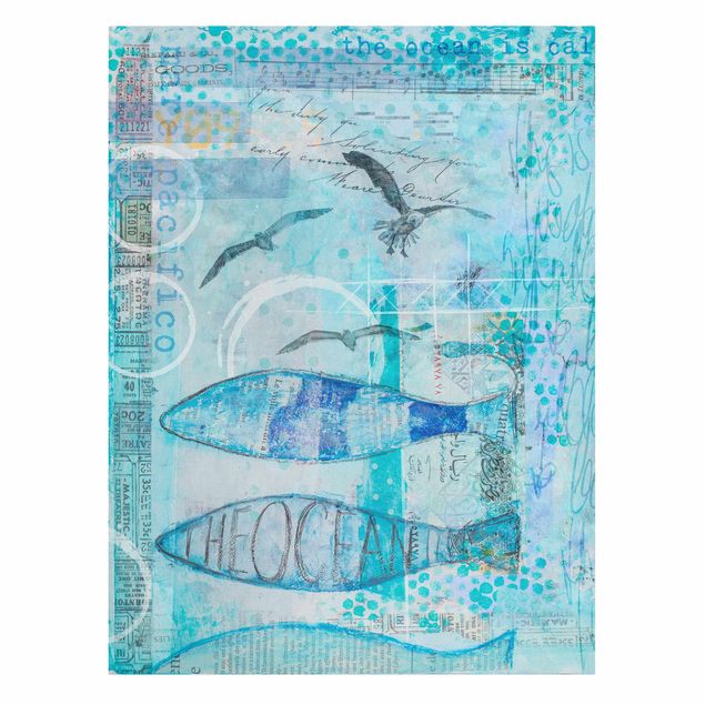 Telas decorativas réplicas de quadros famosos Colourful Collage - Blue Fish