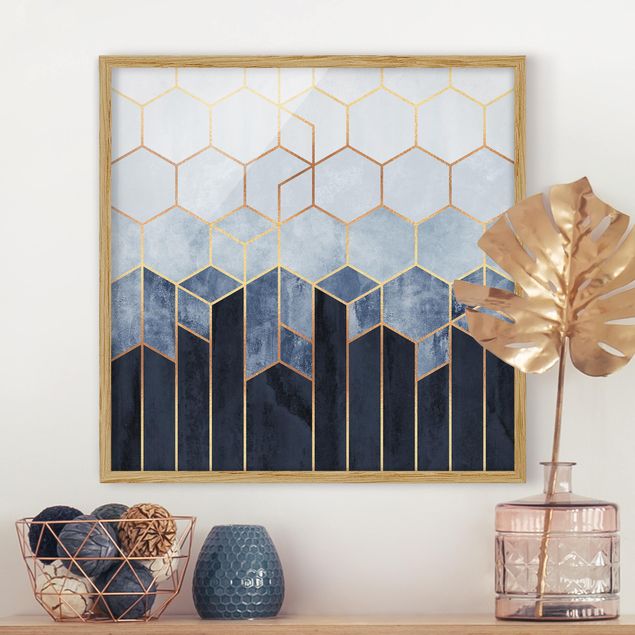 Quadros com moldura abstratos Golden Hexagons Blue White