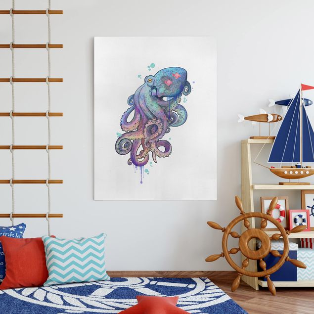 Telas decorativas peixes Illustration Octopus Violet Turquoise Painting
