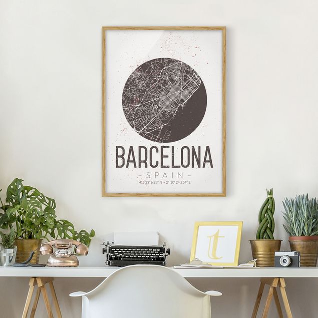 Quadros com moldura em preto e branco Barcelona City Map - Retro