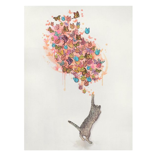 Telas decorativas borboletas Illustration Cat With Colourful Butterflies Painting
