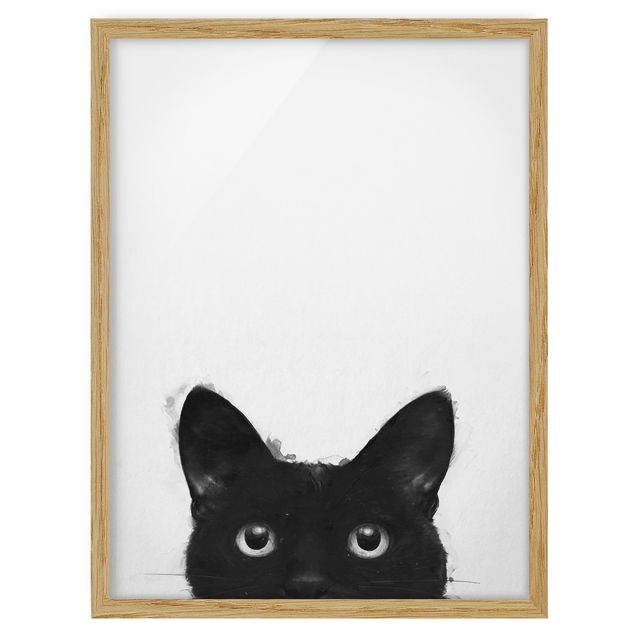 Quadros com moldura animais Illustration Black Cat On White Painting