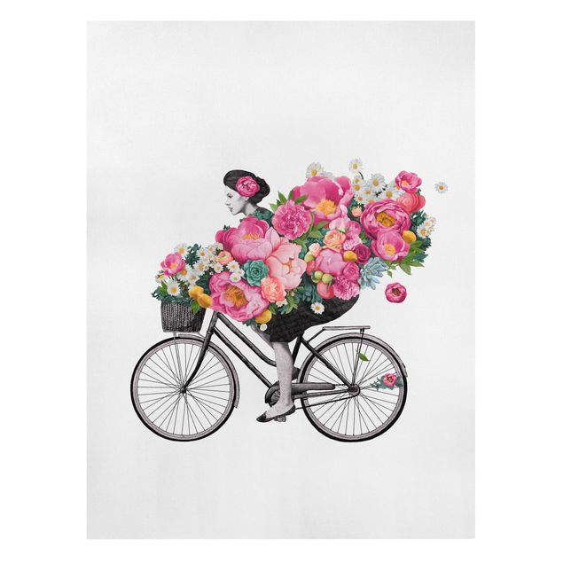 quadros de flores Illustration Woman On Bicycle Collage Colourful Flowers