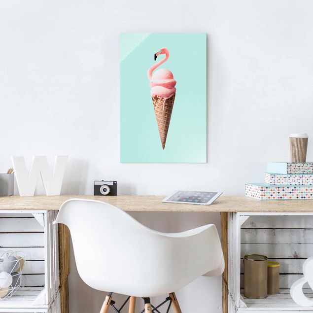 Quadros em vidro animais Ice Cream Cone With Flamingo