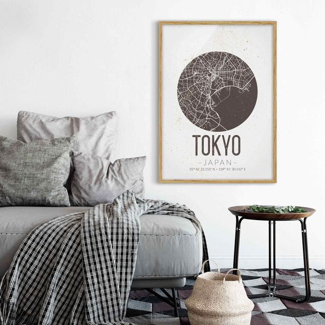 Quadros com moldura em preto e branco Tokyo City Map - Retro