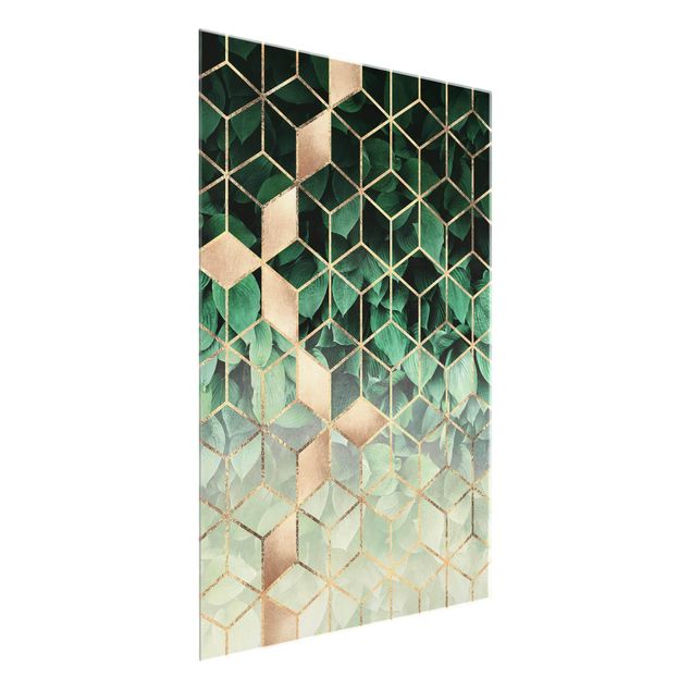 Quadros em vidro abstratos Green Leaves Golden Geometry