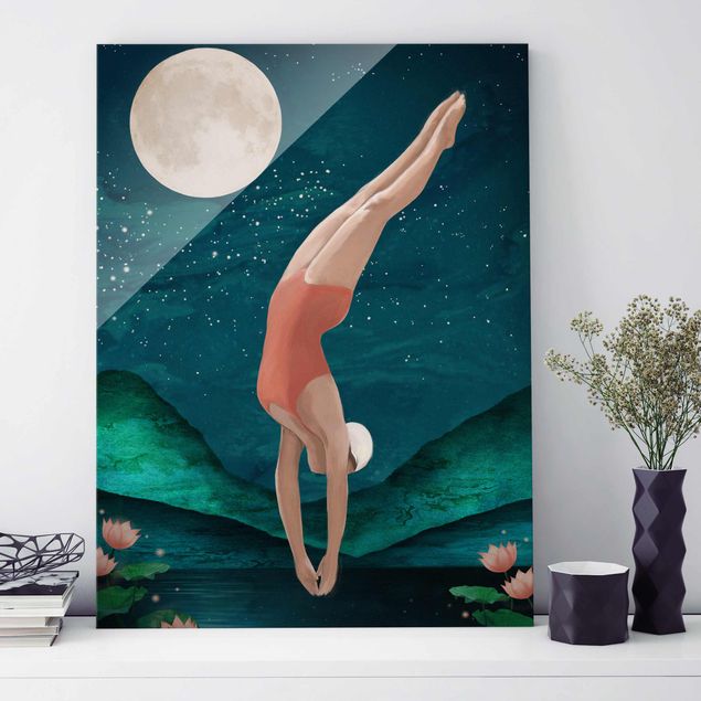 quadro de vidro Illustration Bather Woman Moon Painting