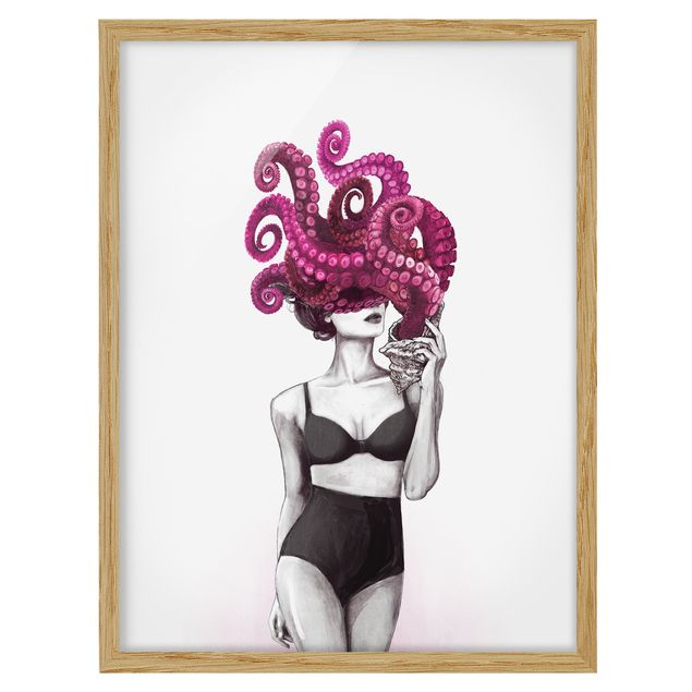 Quadros com moldura em preto e branco Illustration Woman In Underwear Black And White Octopus