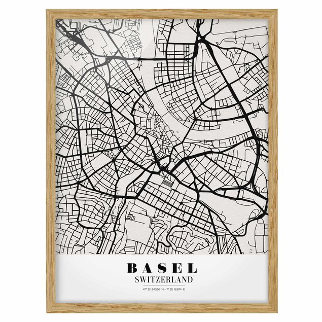 Quadros com moldura mapa-múndi Basel City Map - Classic