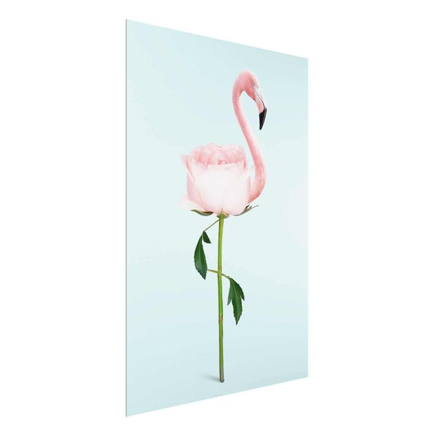 Quadros em vidro flores Flamingo With Rose
