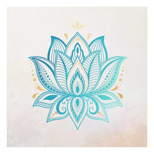quadro em tons de azul Lotus Illustration Mandala Gold Blue