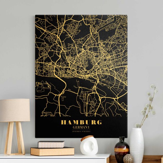 Telas decorativas cidades e paisagens urbanas Hamburg City Map - Classic Black