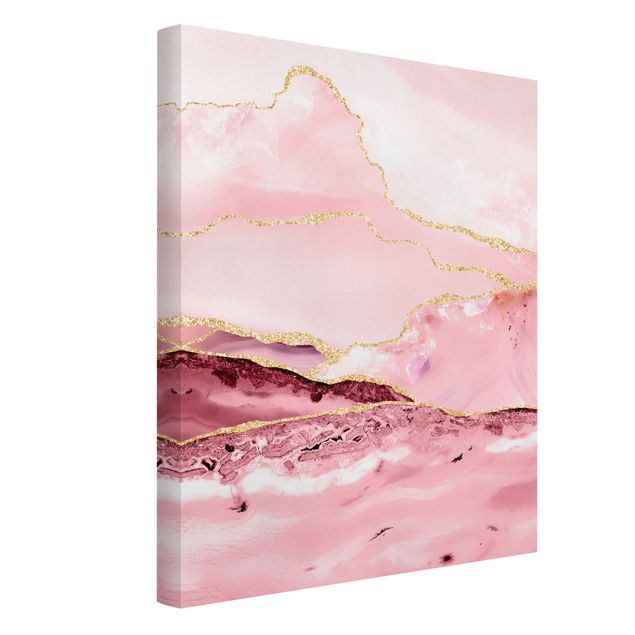 Quadros montanhas Abstract Mountains Pink With Golden Lines