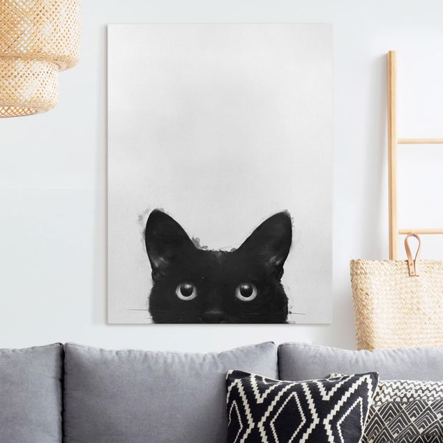 Quadros pretos Illustration Black Cat On White Painting