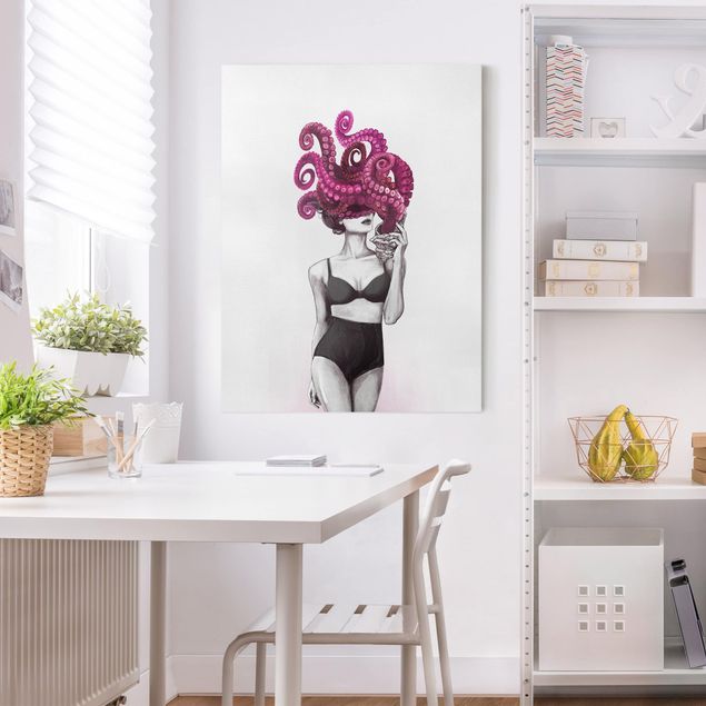 Telas decorativas peixes Illustration Woman In Underwear Black And White Octopus