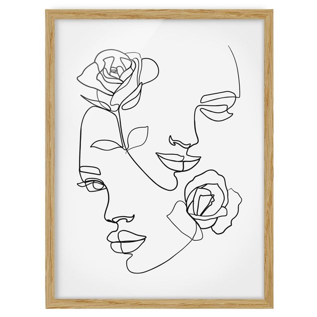 Quadros com moldura flores Line Art Faces Women Roses Black And White